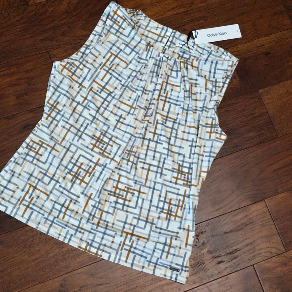 New Calvin Klein Printed Pleat Neck Blouse sleeveless geometric pattern Medium